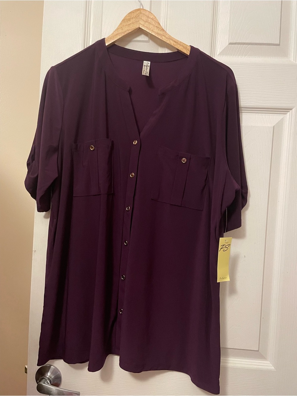Women's Deep Plum Button-Front Blouse with Chest Pockets